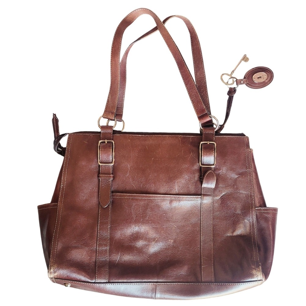 Fossil Long Live Vintage Brown Leather Tote Bag Satchel Key Charm Organize Large